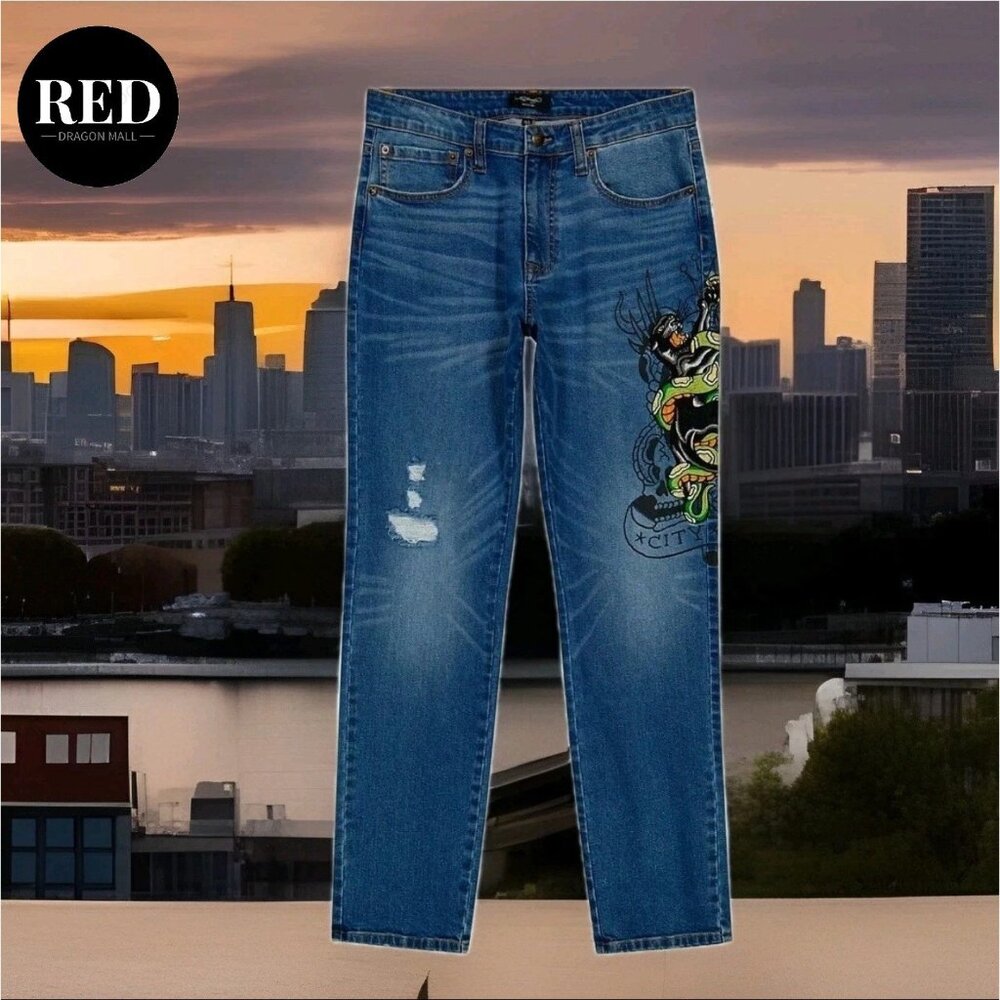 Ed Hardy Slim Fit Jeans Embroidered Panther Snake Retro Y2K - Men's Size 38